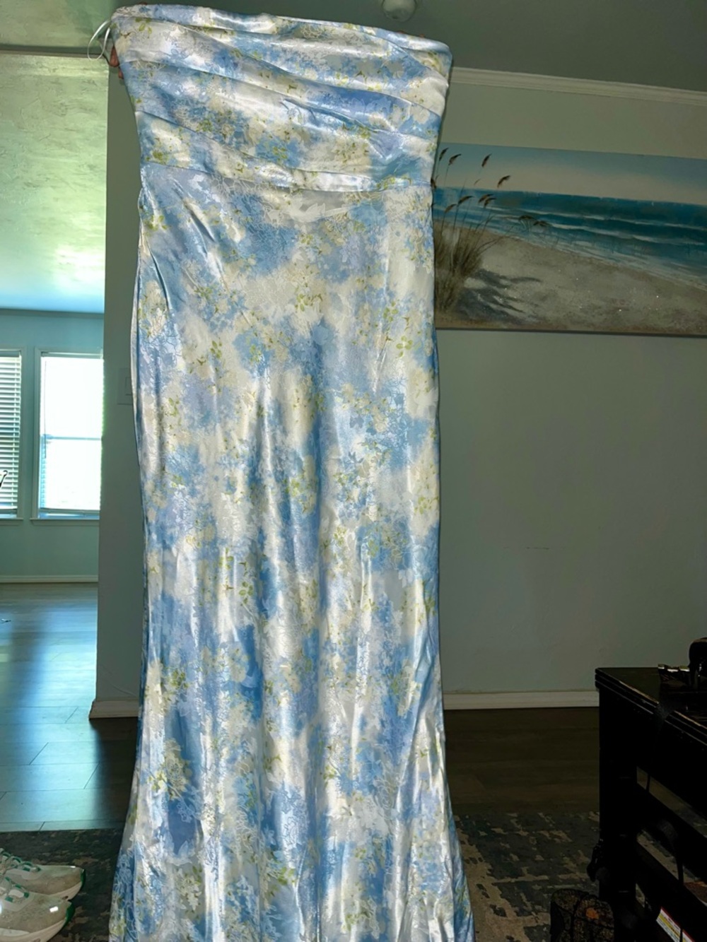 Lena Strapless Floral Satin Maxi Dress in Light Blue and White